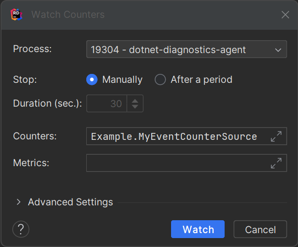 Monitor counters dialog with custom provider Monitor counters dialog with custom provider