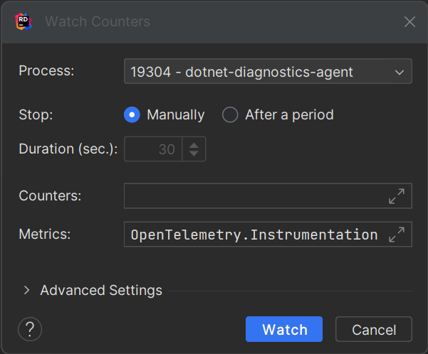 Watch counters dialog with metrics enabled Watch counters dialog with metrics enabled